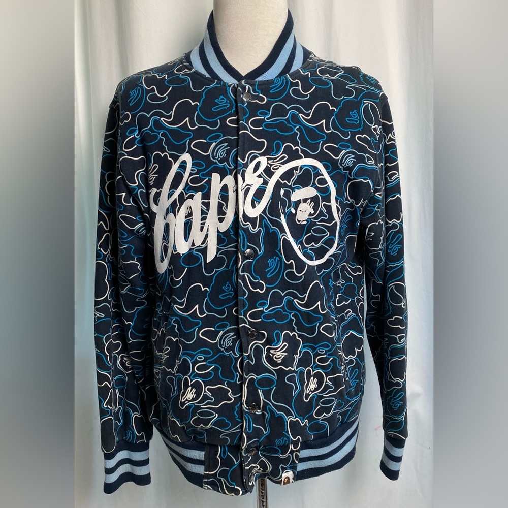 Vintage A Bathing Ape Bape Blue Camo Varsity Bomber Jacket Men’s Size XL Rare
